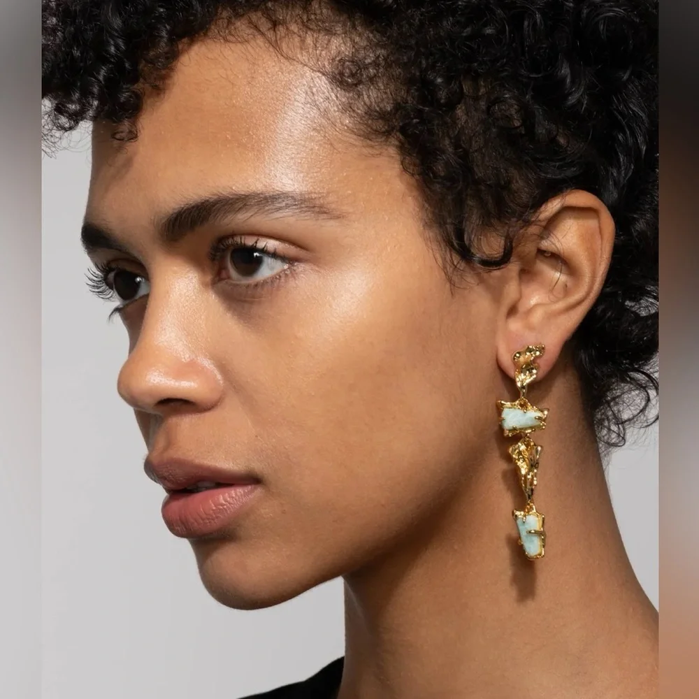 ALEXIS BITTAR • Brut Crumpled Gold Tumbled Green Blue Gemstone Drop Earrings